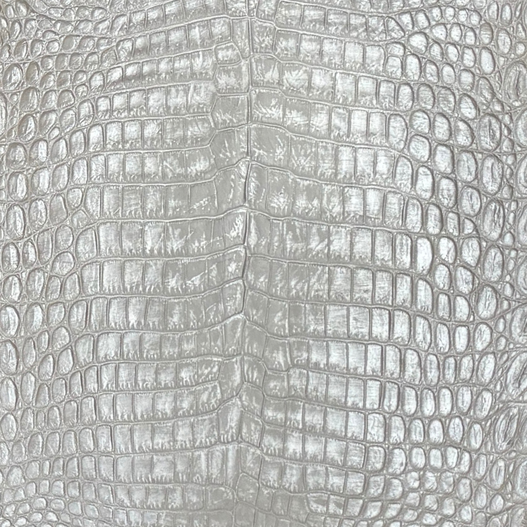 Detailed view of metallic pearl Nile crocodile leather with iridescent finish and fine grain – District Leathers.