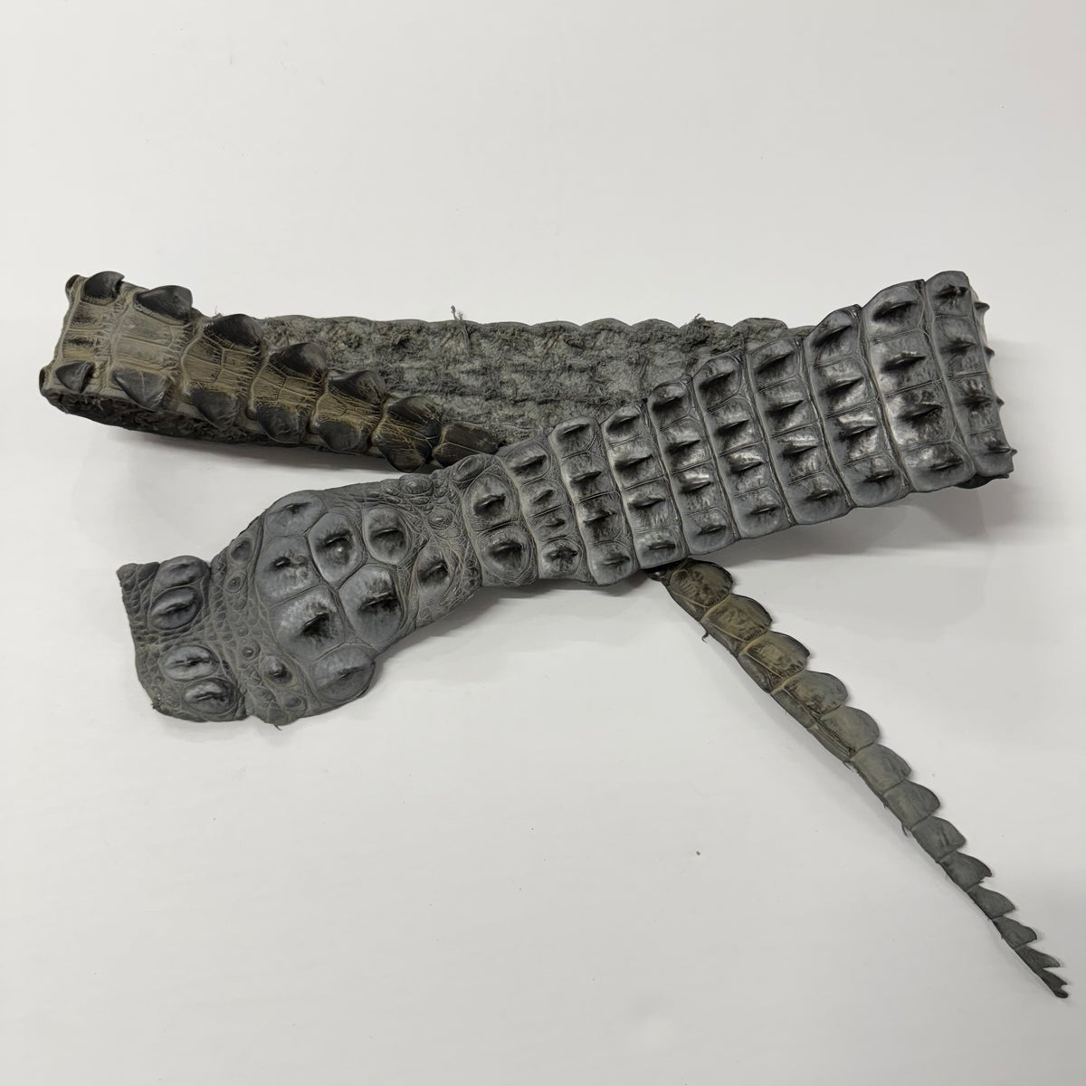 Serpentine Bruciato crocodile backstrap with rich grey, purple, and black tones – exotic leather for custom goods