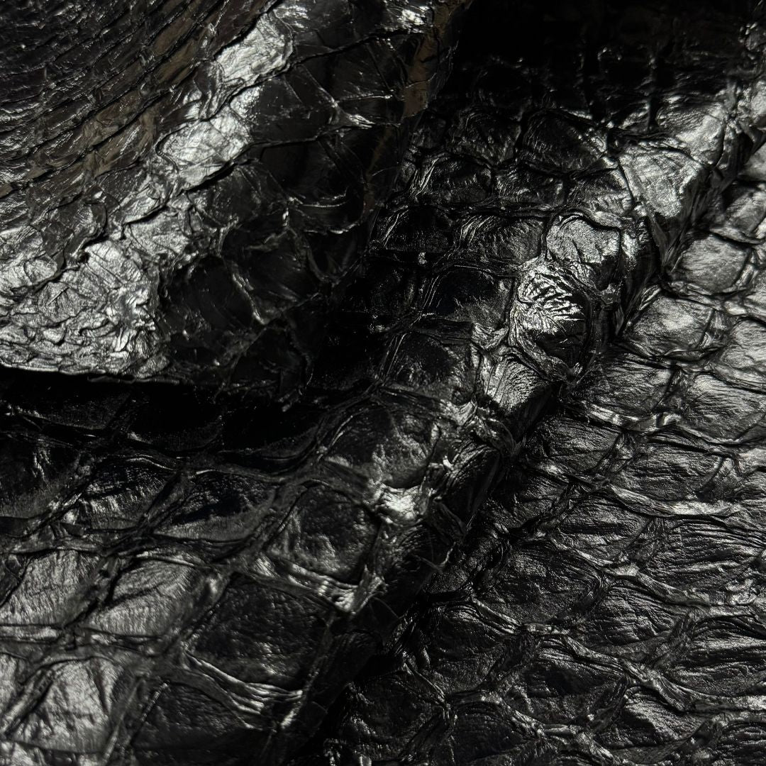 Inverted Pirarucu Fish Scale Leather | Black Suspended Shine