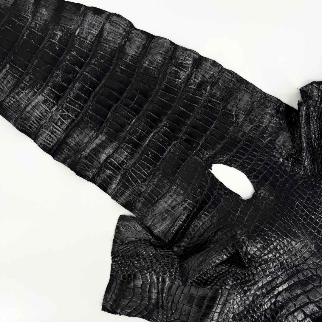 Chrome tanned glazed black and silver alligator leather by District Leathers